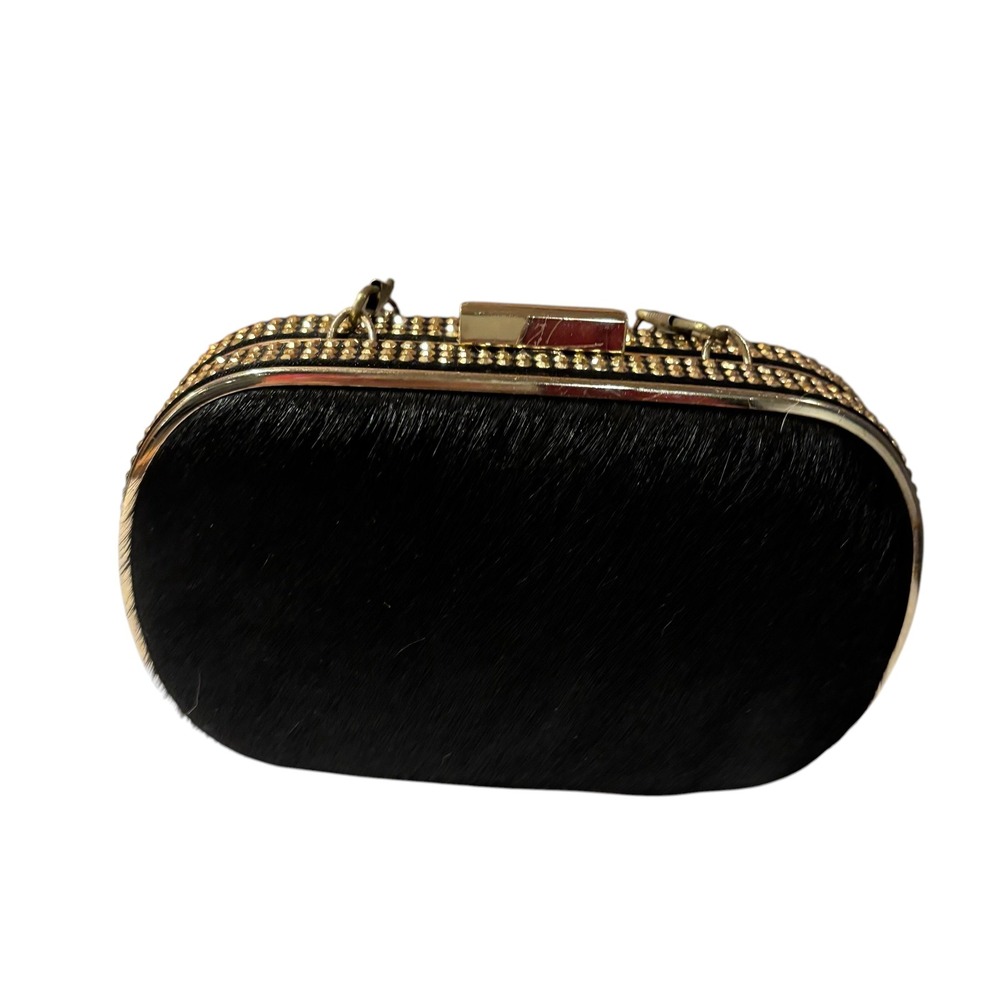 MMS Black Pony Hair Studded Gold Frame Minaudiere Clutch Evening Bag